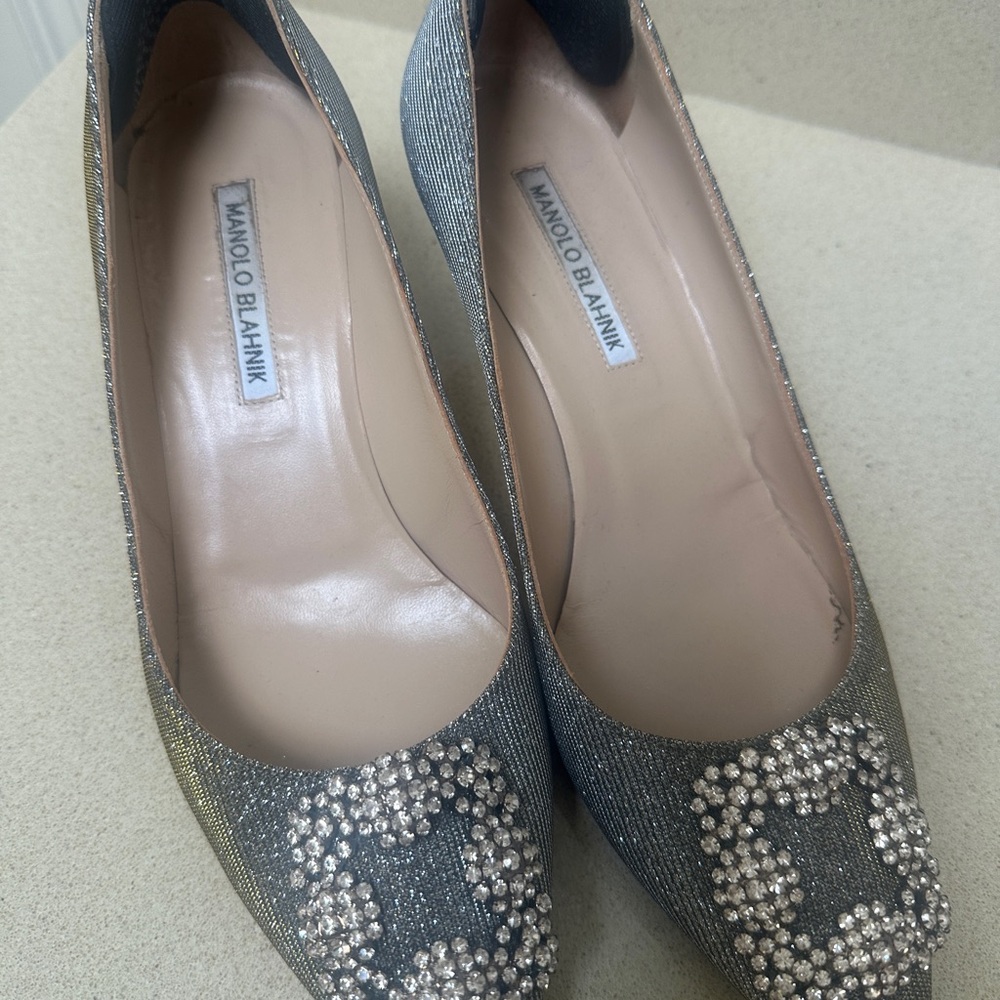 Manolo Blahnik Hanghisi Women's Silver Crystal Buckle Flats 39